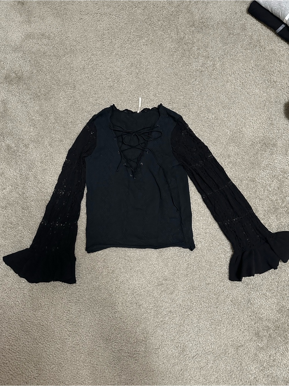 Free People Black Lace-Up Bell Sleeve Blouse